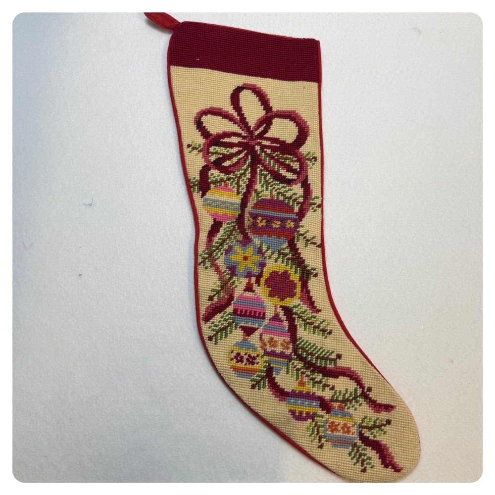Vintage Needlepoint Chistmas Stocking Featuring a Red Bow And Ornaments